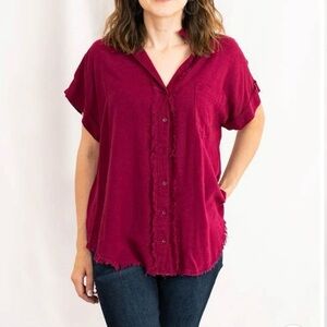 Umgee Linen Blend Fringe Fray Trim Button Down Shirt Women’s Size XL